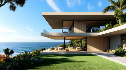 Fototapeta premium Modern House with Ocean View 3D Illustration