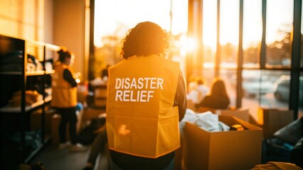 Disaster Relief Blur: A subtle view of volunteers distributing aid during an evacuation.
