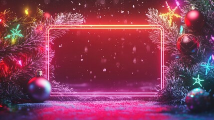 Christmas neon frame with snowflakes, baubles, garland and fir tree twigs on red background, copy space for text