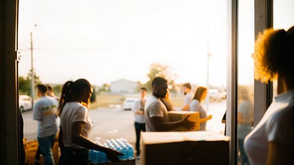 Disaster Relief Blur: A subtle view of volunteers distributing aid during an evacuation.
