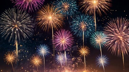Abstract colored fireworks background with beautiful fireworks lighting up the night sky. Bokeh effect