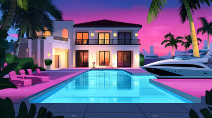 Fototapeta premium Luxury Villa with Pool and Yacht at Sunset - Illustration