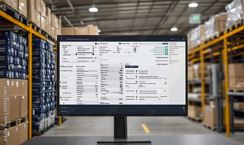 Poster a computer screen displaying inventory management software in a warehouse setting.