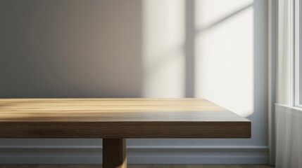 Wooden table with blurred wall background, for display or montage your products. Mockup for display of product.