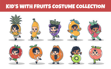 Kids with fruits costume vector illustration set