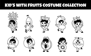 Kids with fruits costume outline vector illustration set