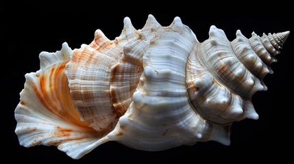 A detailed close-up of a beautifully patterned seashell against a dark background.