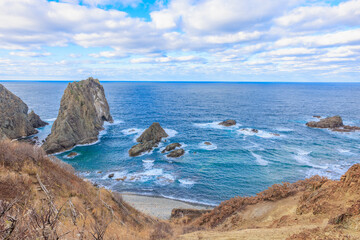 積丹ブルーに包まれた島武意海岸の秋