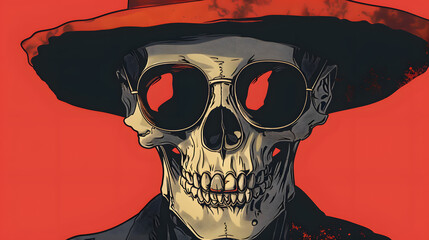 An intriguing dark art illustration of a skull in a trendy hat and round glasses on a striking red background. The image is artistic, creepy, and perfect for Halloween themes