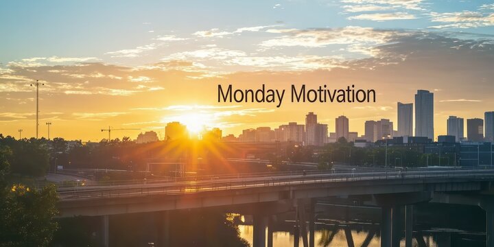 An inspiring image of a sunrise over a city skyline with the text "Monday Motivation" artistically \