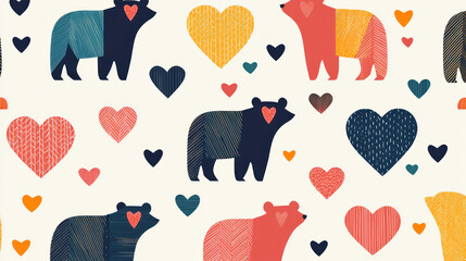 Geometric Pattern Featuring Minimalist Bear and Heart Shapes with Colorful Lines on a Light Background for Creative Design Projects