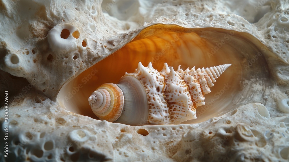 Poster a close-up of a beautiful seashell nestled in a larger shell, showcasing intricate patterns.