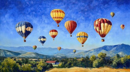 Obraz premium Clear blue sky with hot air balloons floating gently, adding color and whimsy to the scene
