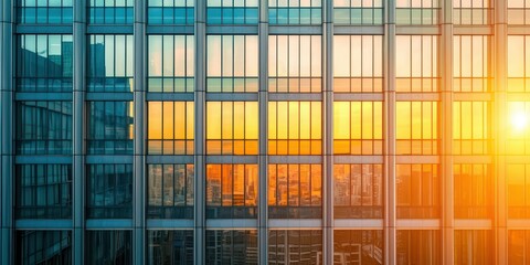 An urban office building with symmetrical rows of windows and minimalistic design, highlighted at sunset.