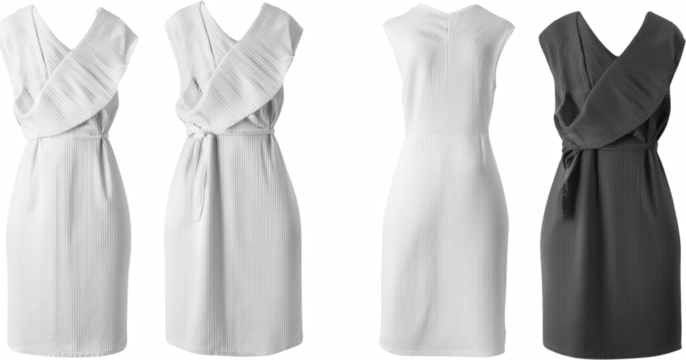 Elegant Ribbed Knit Wrap Midi Dress Front Back Views White Gray