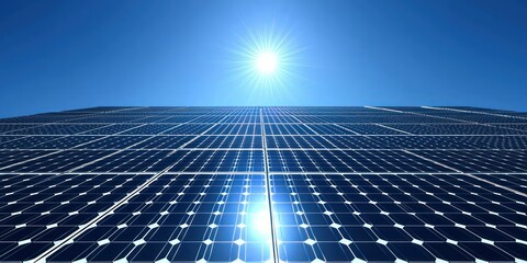 Array of solar panels with the sun shining directly on them, maximizing energy capture.