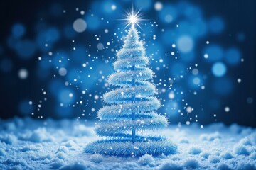 Enchanting Blue Christmas Tree in Snowy Night, Perfect for Holiday Greetings, Cards, and Decorations