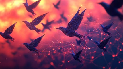 A dynamic scene of birds in flight against a colorful, abstract backdrop.