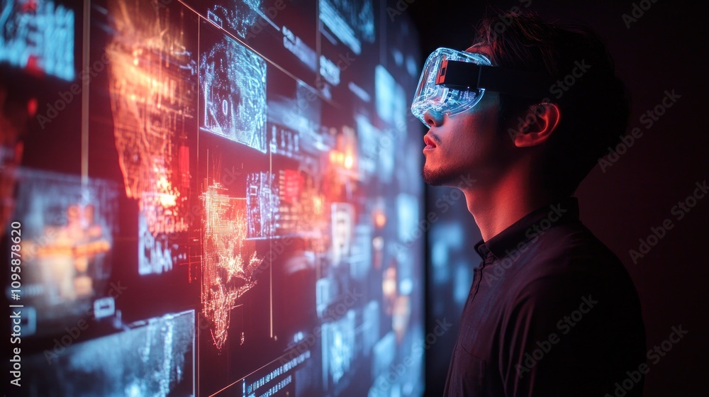 Poster a person wearing vr goggles interacts with a digital display of data and graphics.
