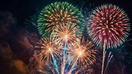 Abstract colored fireworks background with beautiful fireworks lighting up the night sky. Bokeh effect