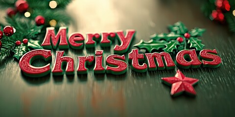 Bold and cheerful "Merry Christmas" text with red and green colors, decorated with small icons like stars and holly.