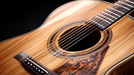 Obraz premium Top-view close-up of an acoustic guitar, focus on the intricate wood grain and strings, warm lighting casting subtle shadows, beautifully polished surface