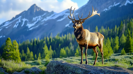 Majestic Elk Standing on a Rock with Mountain Background - Photo
