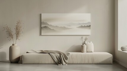 A minimalist bedroom with a beige wall mockup, displaying calming landscape art. Background in light gray.
