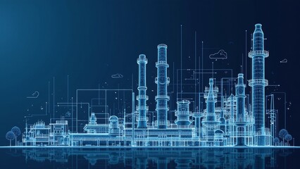 Monochrome blueprint of pharmaceutical plant machinery with sharp lines and abstract design