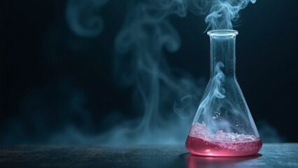 Close-up of a mystical Erlenmeyer flask with pink bubbling liquid and smoke effects against a dark backdrop