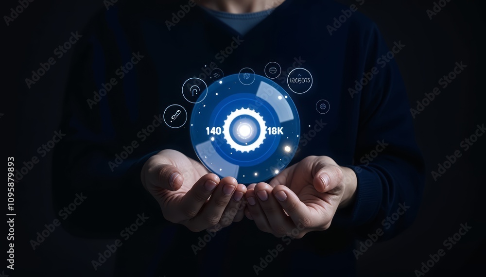 Poster futuristic technology demonstration dark studio digital interface hands-on interaction conceptual in