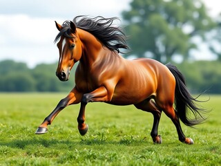 Obraz premium A beautiful brown horse with a flowing mane running freely in the green pasture, rural scene, brown horse, running free
