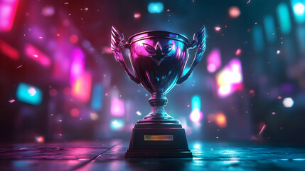 Shiny Trophy in Neon Lights - 3D Illustration