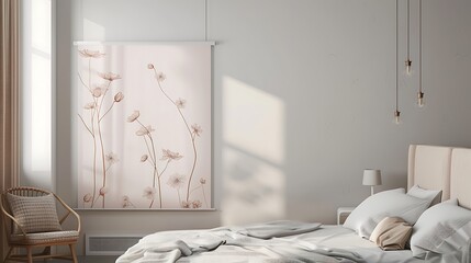 A minimalist bedroom with a soft pink wall mockup, highlighting calming floral art. Background in light gray.