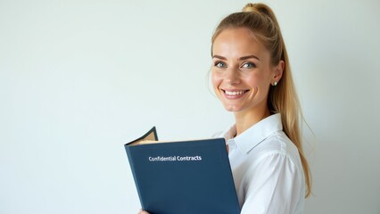 Naklejka premium Smiling woman holding a 'Confidential Contracts' folder in office setting