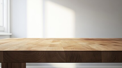 Wooden table with blurred wall background, for display or montage your products. Mockup for display of product.
