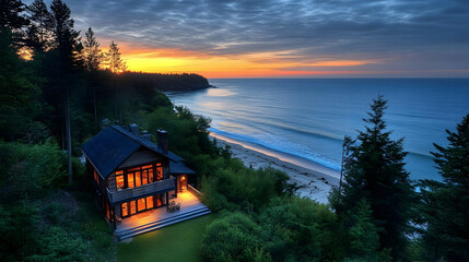 Sunset Beach House with Ocean View - Realistic Image