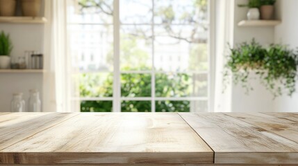 Empty beautiful wood tabletop counter on interior in clean and cafe with bokeh bright background. Ready for display, product montage, stage showcase, promotion display.