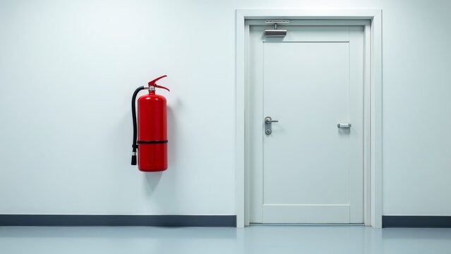 Red fire extinguisher mounted on a sterile wall next to a chemical storage room door in a laboratory setting