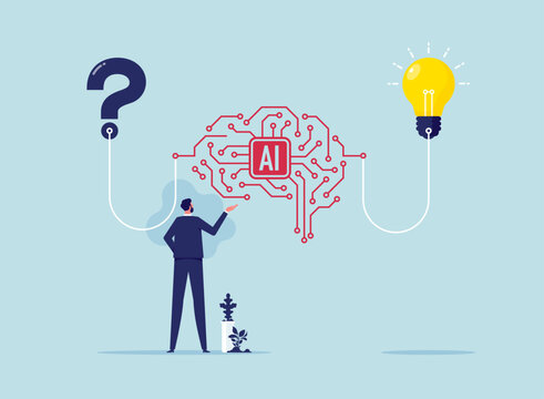 Using AI to solve problems and generate creative solutions, Working with robots, Businessman working with AI to find a solution to problem leading to the creation of a light bulb idea