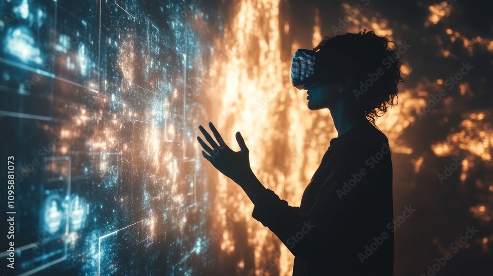 Aufkleber a person wearing a vr headset interacts with a digital interface, exploring virtual environments.