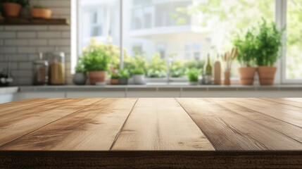 Empty beautiful wood tabletop counter on interior in clean and kitchen with bokeh bright background. Ready for display, product montage.