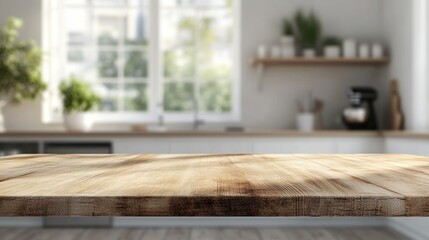 Empty beautiful wood tabletop counter on interior in clean and kitchen with bokeh bright background. Ready for display, product montage.