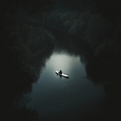 Fototapeta premium A lone kayaker paddles through a dark and mysterious forest.