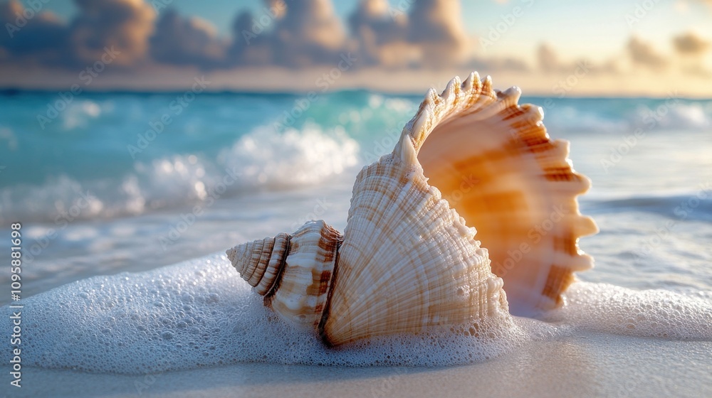 Aufkleber a close-up of a seashell resting on a sandy beach with gentle waves in the background.