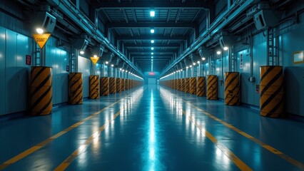 Wide shot of a factory floor with illuminated safety pathways and hazard signs emphasizing safety compliance