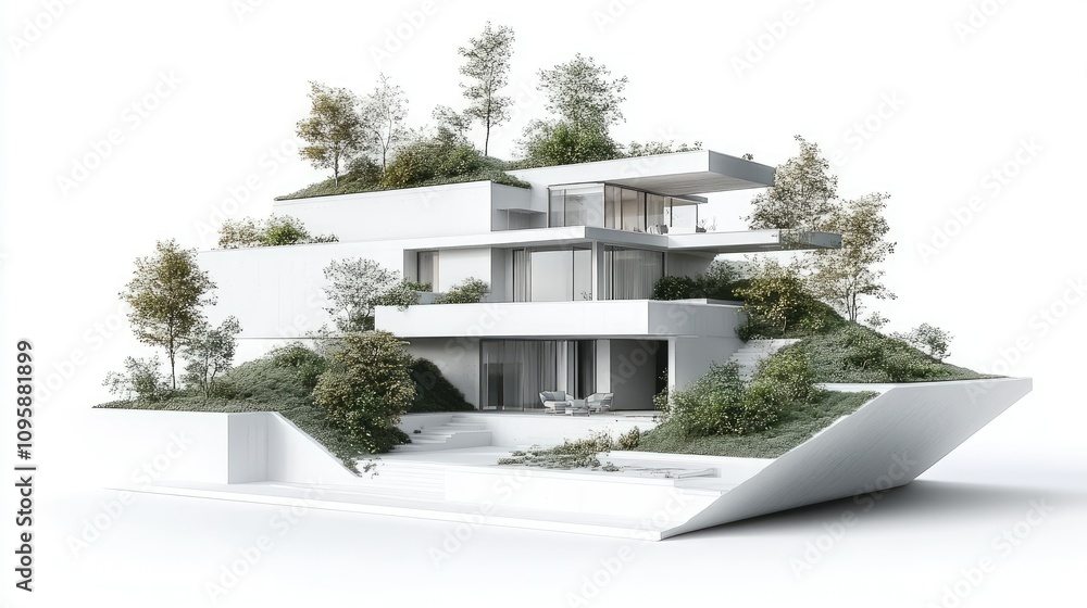 Poster modern architectural rendering with greenery elements