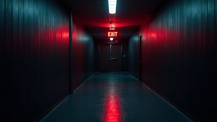 Illuminated exit sign at the end of a dark corridor with vibrant colors and high contrast