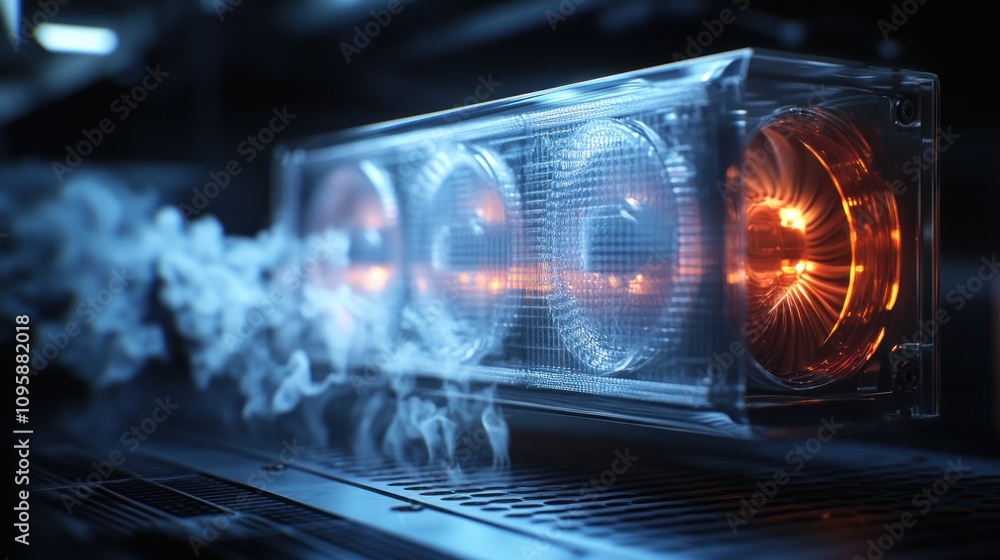 Poster a close-up of a futuristic cooling component with illuminated elements and vapor effects.