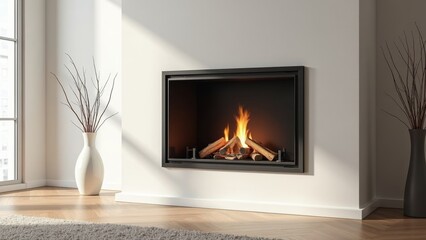 Stylish modern fireplace in minimalistic room with natural lighting and copyspace